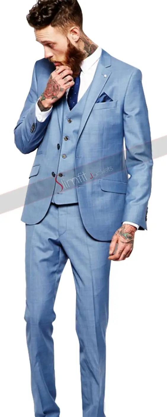 2017 последние пальто брюки designslight blue custom Нарядные Костюмы для свадьбы для Для мужчин повседневные Блейзер Жених Slim Fit Комплект из 3 предметов