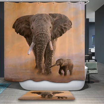 

New Arrivals Shower Curtain Retro elegant Elephant world Cartoon Pattern Waterproof Bathroom Fabric Customizable Shower Curtain