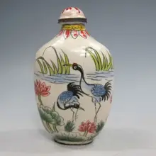 China Cloisonne Mão-pintado Pato Mandarim & Crane Snuff Garrafa com Marca Qianlong