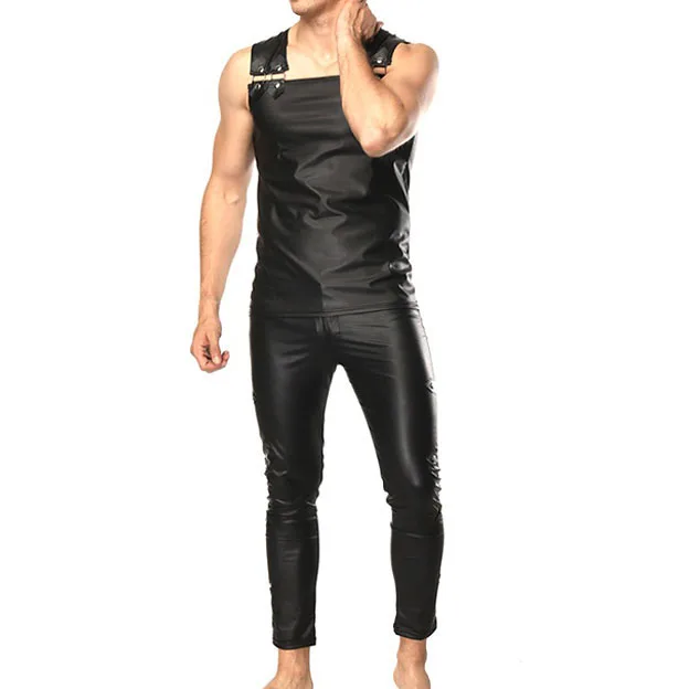 Мужские комплекты из искусственной кожи с майкой и штанами, Сексуальные облегающие Клубные вечерние комплекты одежды для выступлений на сцене, модные черные однотонные комплекты одежды в стиле панк