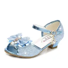 Новые летние сандалии для девочек вечерние туфли принцессы на высоком каблуке с блестками и бантом модная детская обувь для танцев с открытым носком