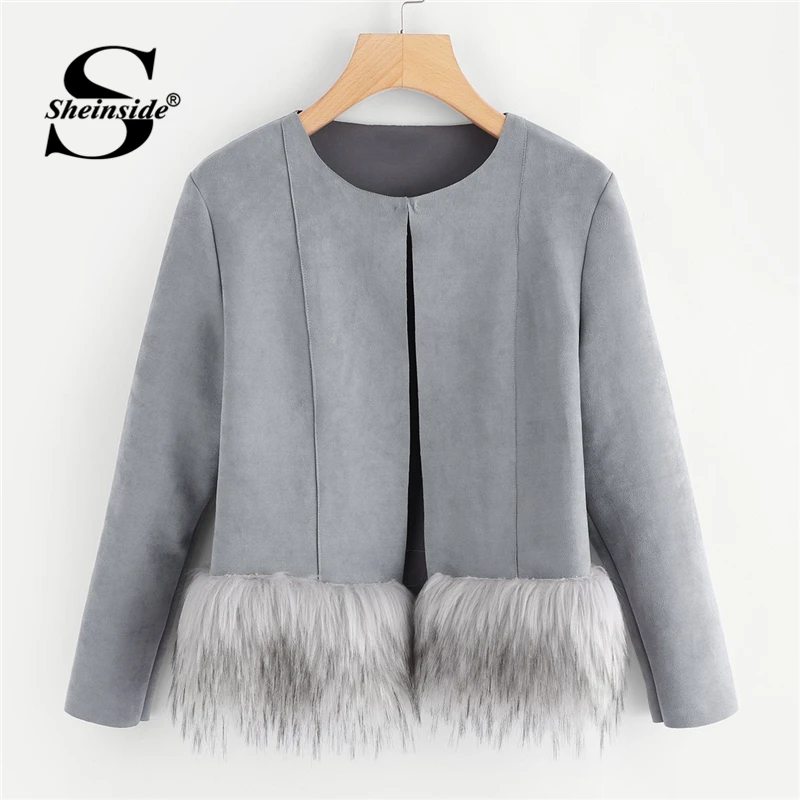 Koop Sheinside Grey Contrast Faux Fur Ham Suede Jas Vrouwen Herfst Winter Jas Vrouwen Kleding 2018 Mode Dames Bovenkleding Jassen