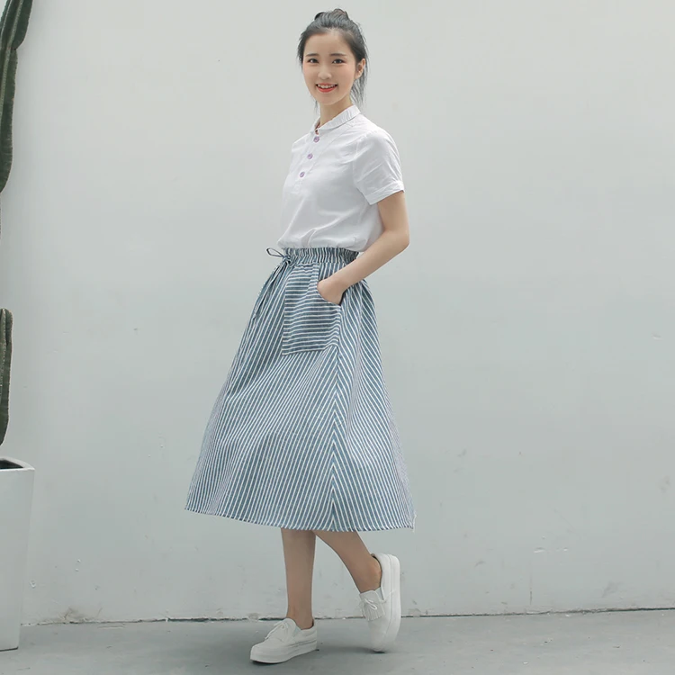 leather skirt Spring Summer Women Vertical stripes Skirts Casual Loose Cotton Linen Female With Pockets Vintage Elastic waist lacing Skirts tennis skirt outfits