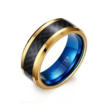 

Mens Rings Tungsten Carbide Ring 8mm Black Carbon Fiber Inlay Gold-color Edges Engagement Wedding Band Fashion Jewelry aneis