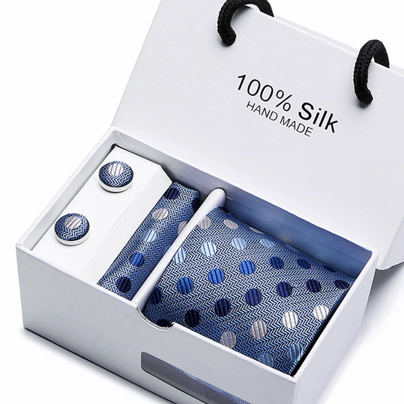  Free shipping 2.95 inch(7.5 Cm) Width Ensemble Polka Dot Blue Man Tie Handkerchief and Cufflinks Gi