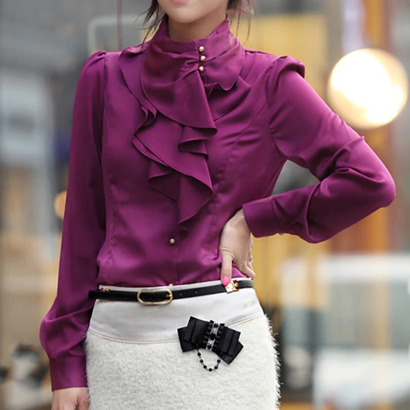 

Women Shirt Ruffles Blouse Elegant Feminine Blouse Women Simulation Silk Turtleneck Autumn Women OL Ladies Blouse Shirt