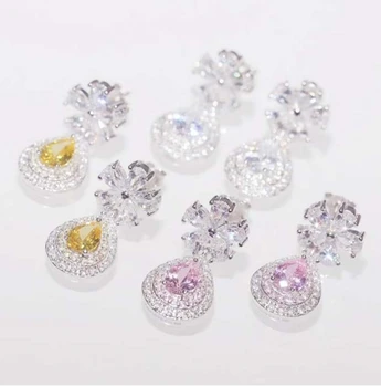 

925 Sterling Sliver Austrian Flower Shape Zircon Water Drop Crystal Pendant Drop Earrings For Bridal Wedding Jewelry