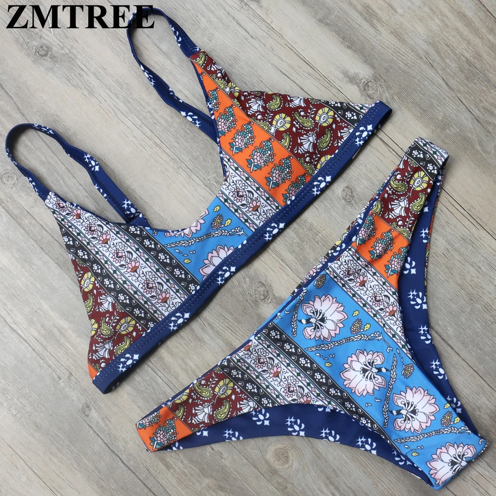 

ZMTREE Bikini 2017 Retro Printed Bikini Set Women Swimwear Double-Sided Swimsuit Top Low Waist Beach Bathing Suit Biquini Femme