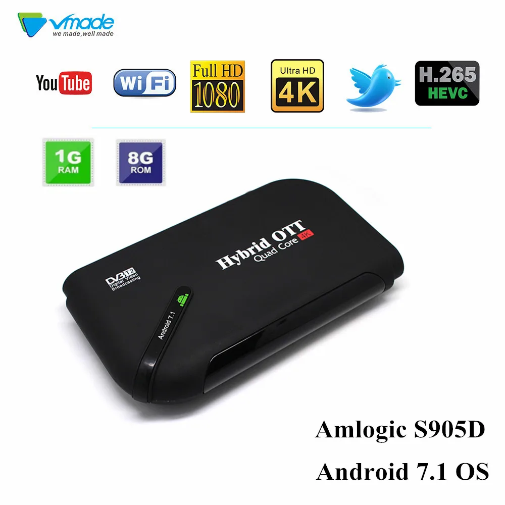 Vmade два-в-одном DVB T2 и Android Smart Декодер каналов кабельного телевидения 1 GB 8 GB Android 7,1 Amlogic S905D Bluetooth 4,0 H.265 поддерживает YouTube ТВ коробка