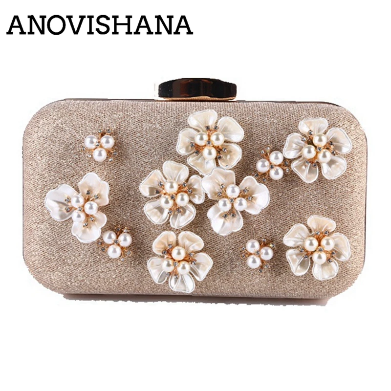 

ANOVISHANA Ladies Polyester Clutch Pearl Diamonds Flower Evening Bags Women Party Wedding Hand Bag Bridal New Mini Day Purse