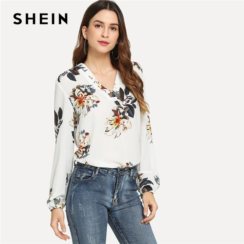 SHEIN Блузка С Цветочным Принтом И V Образным Вырезом Женский Весенний Белый