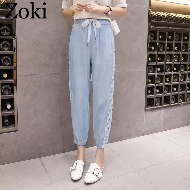 

Zoki Tencel Thin Women Jeans Fashion Summer Embroidered Flares Lace Ankle-Length Denim Pants Casual Elastic Waist Harem Pants