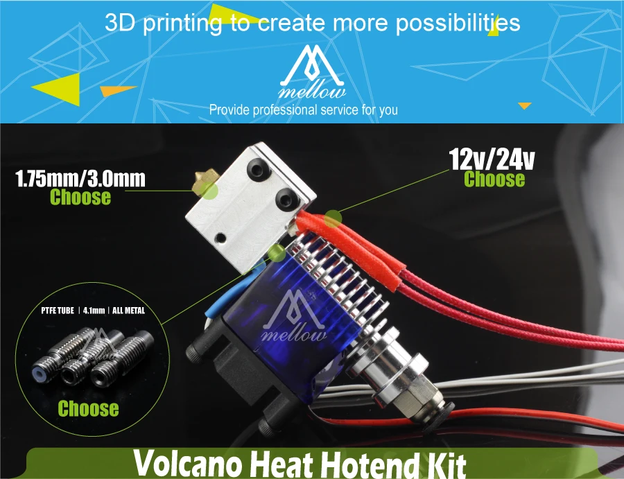 Mellow 12 В/24 В 3d принтер нагревательный блок Volcano комплект E3D V6 J-head PT100 Hotend с охлаждающим вентилятором для экструдера bowden 0,4 мм Насадка