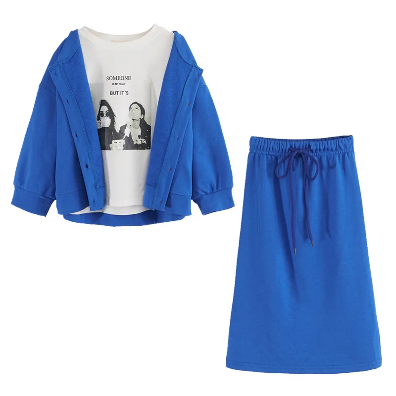Fashion Kids Girls Clothing Sets Casual Cardigan Coat+T-shirt+ Skirt Suits 3pcs for Teenage Autumn Children Clothes School Sets - Цвет: blue