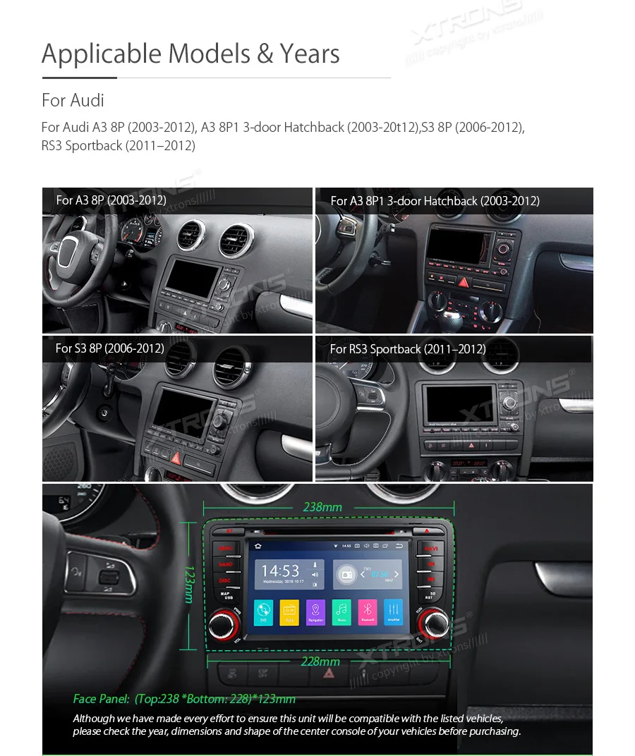 Best XTRONS 7" Android 8.1 Radio GPS RCA Car DVD Player for Audi A3 8P 2003 2004 2005 2006 2007 2008 2009-2012 S3 / RS3 Sportback 1