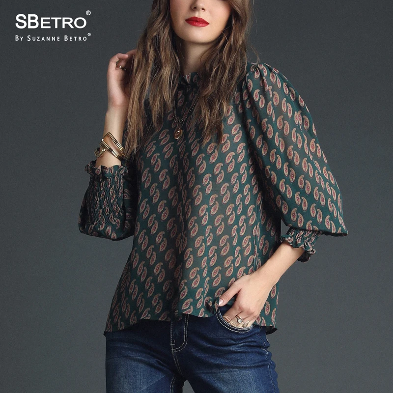 SBetro шифоновая шаль блузки печати рюшами Mockneck длинный шарик рукав Осень Туника