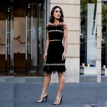 

New Arrival Black Strapless Elegant Bandage Dress 2019 Tassel Crysta Two 2 Pieces Sest Women vestidos Bodycon Backless Clubwear