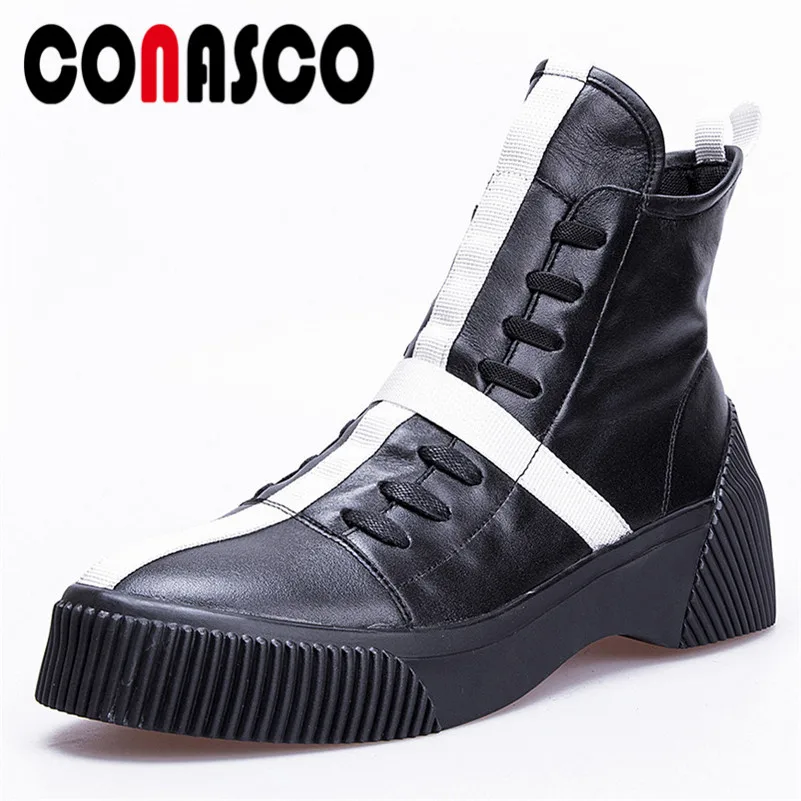 

CONASCO Punk High Quality Women Short Motorcycle Boots Round Toe Genuine Leather Wedges High Heels Motorcycle Boots Shoes Woman