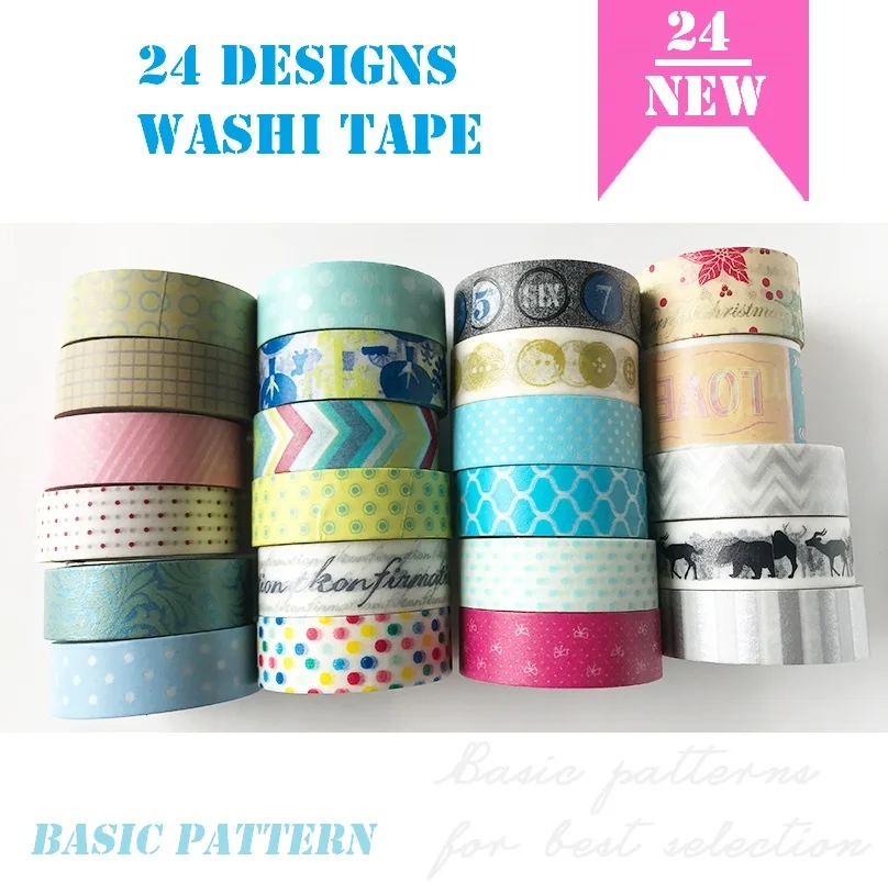 24 Designs Letters/Stripe/Lace/Spots/Basic Pattern Japanese Washi Tape Decorative Adhesive DIY Masking Paper Stickers Label | Канцтовары