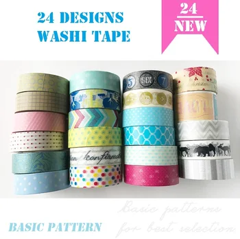 

24 Designs Letters/Stripe/Lace/Spots/Basic Pattern Japanese Washi Tape Decorative Adhesive DIY Masking Paper Tape Stickers Label