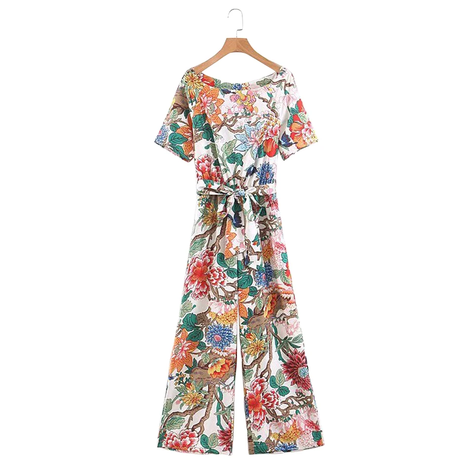 

Women Summer Fashion Print Jumpsuits Rompers Short Sleeve Sashes Bow Tie Female Vintage bodysuit Overalls playsuit