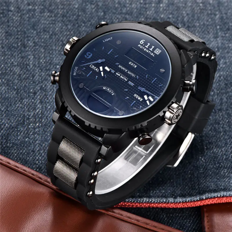 

6.11 New Big Mens Watch Sport Quartz Men Wristwatches Multiple Time Zone Led Digital Sport Watch Men Relogio Masculino 2019