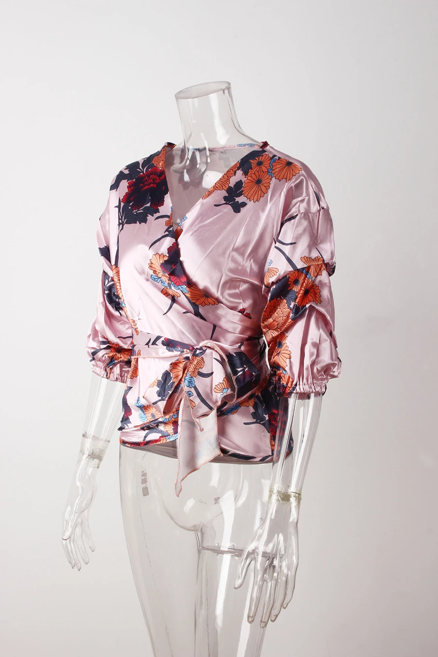 Elegant Women Spring Summer Shirts Boho Style Floral Print Chiffon Tops Blouse V-neck Belt-Bow Shirt Fashion Women's clothing (23)
