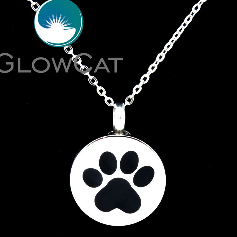 

K522 Round Dog Paw Print Necklace Memorial Keepsake Cremation Stainless Container Enamel Locket Pet Bone Ash Urn Necklace