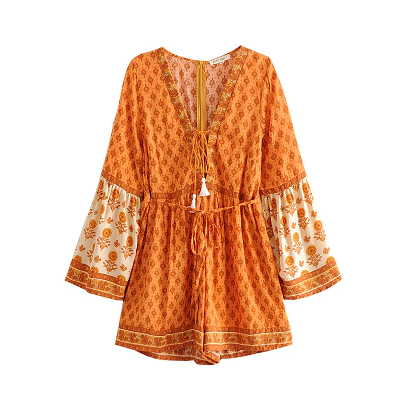 Boho шикарные летние женские цветочные печати пояса Boho комбинезоны дамы V образным вырезом с длинным рукавом кисточкой пляжные Комбинезоны Боди Топы