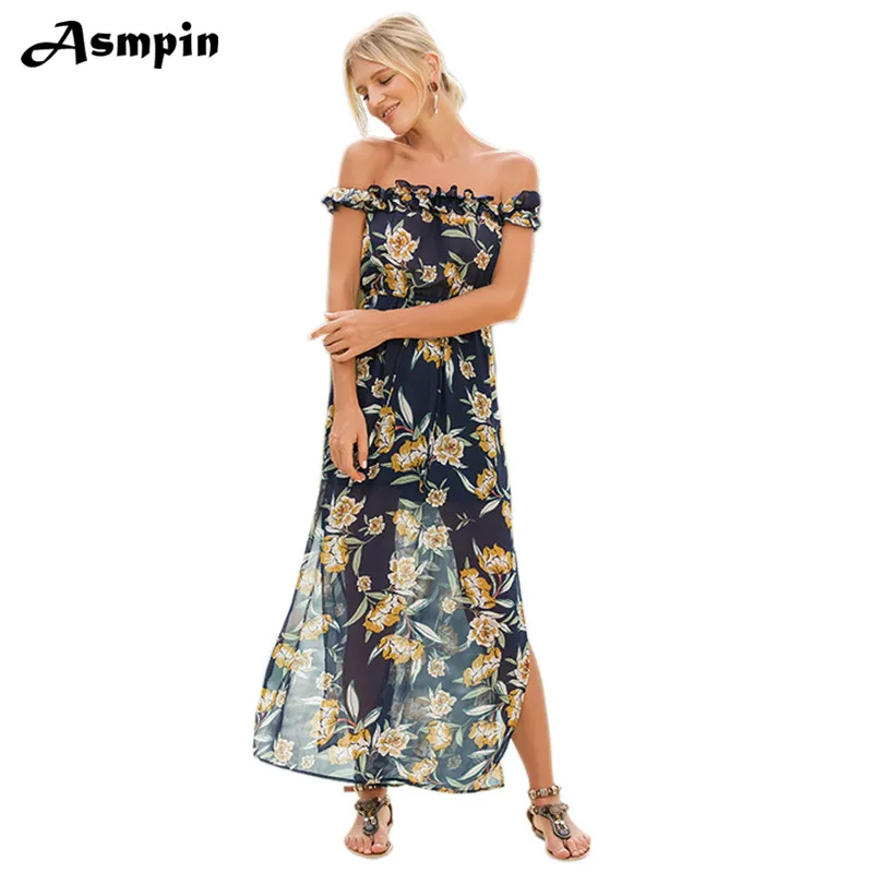 Asmpin 2018 Fashion Clothes Off Shoulder Hawaii Dress Vestido Floral