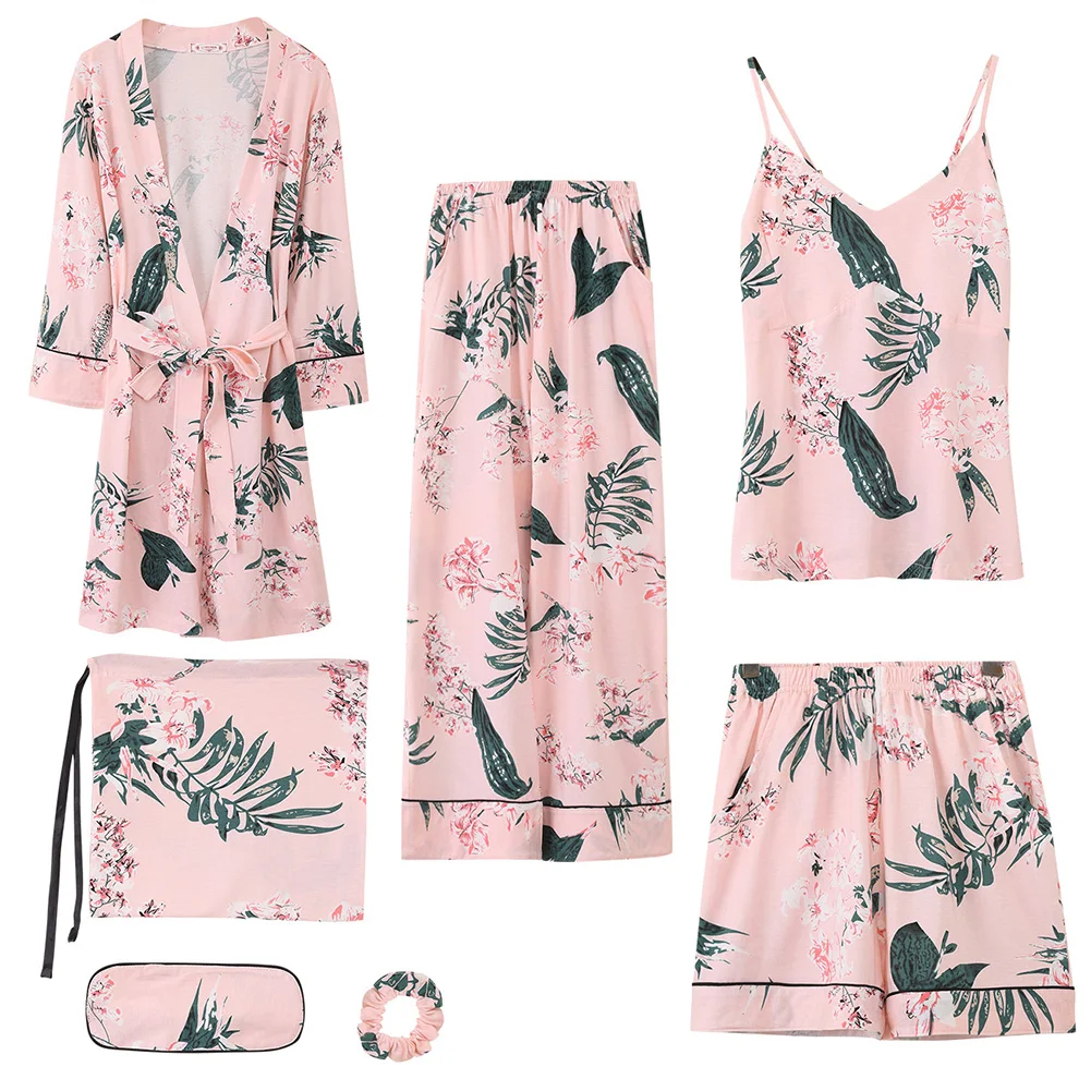 

Long Section Long Sleeve v Neck Pocket Leaf Print Waist Belt Spaghetti Strap Backless Tops Casual Sleepwear 7 Pcs