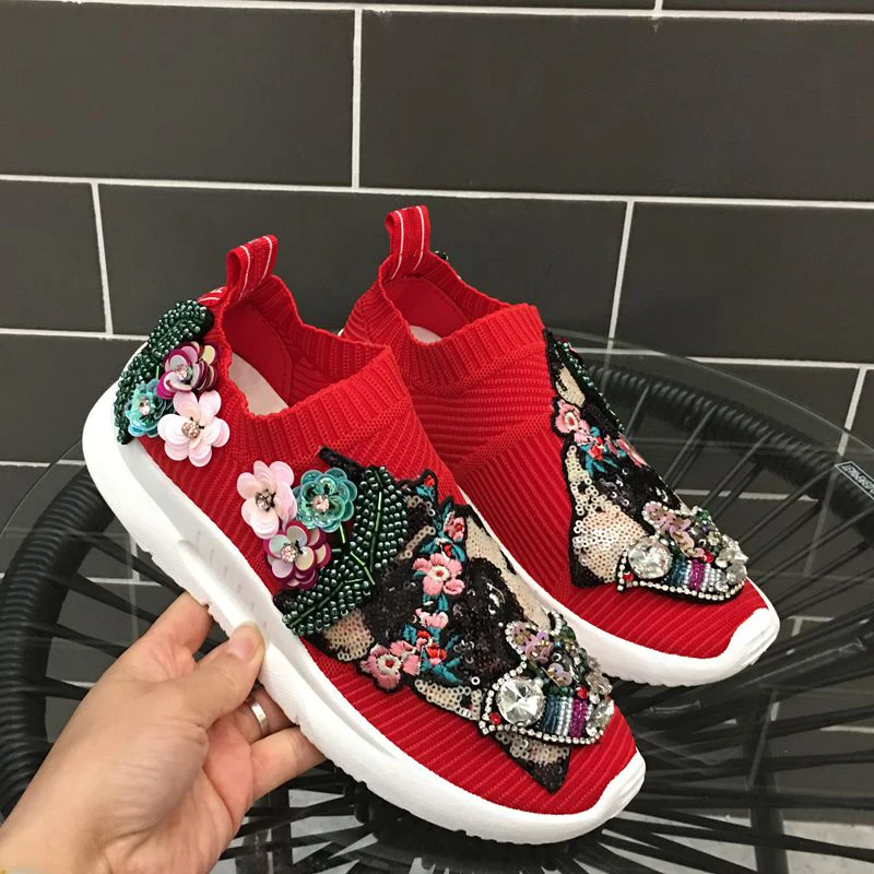 Rhinestones Sneakers Women Shoe Fashion Crystal Gemstone Sneakers Causal Shoes Woman Red Flat Shoes Ladies Girls WK122