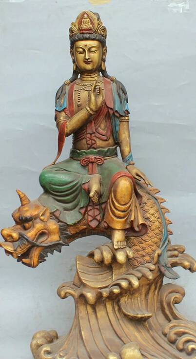 

Collectible bronze S1442 32" Chinese Bronze Painting Kwan-yin Guan Yin Goddess Ride Dragon Fish Statue