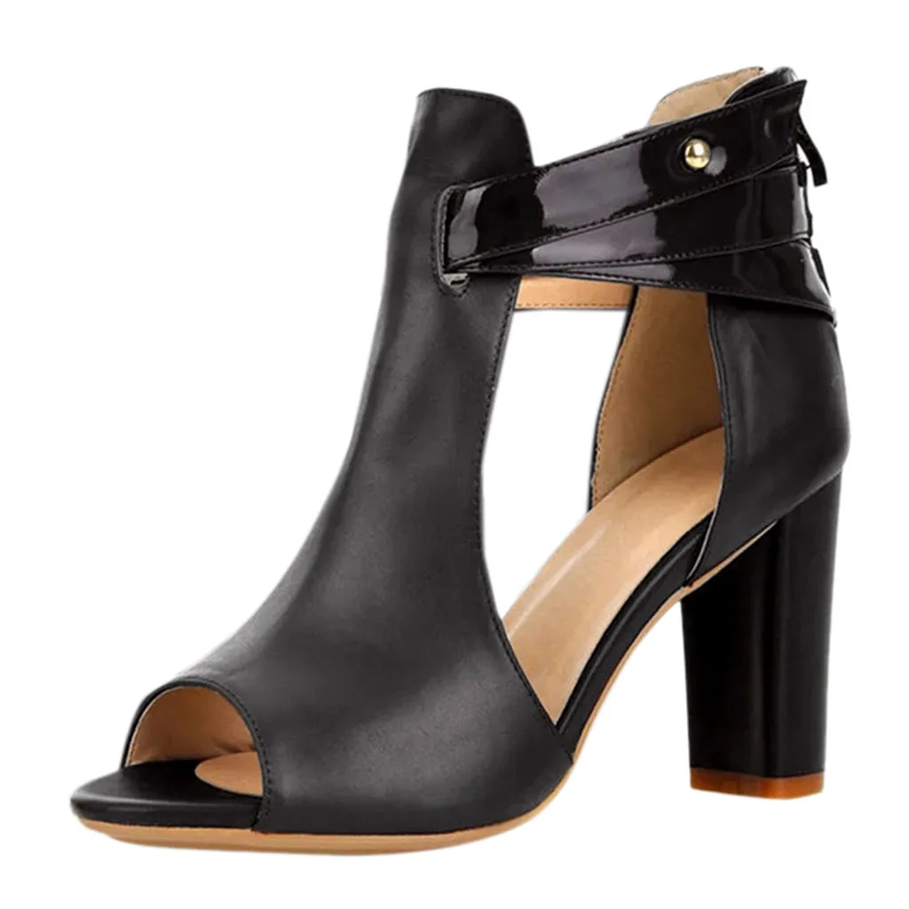 Женские босоножки на молнии с открытым носком на высоком каблуке; модные кожаные полусапожки на молнии с открытым носком; тонкие туфли - Цвет: Black