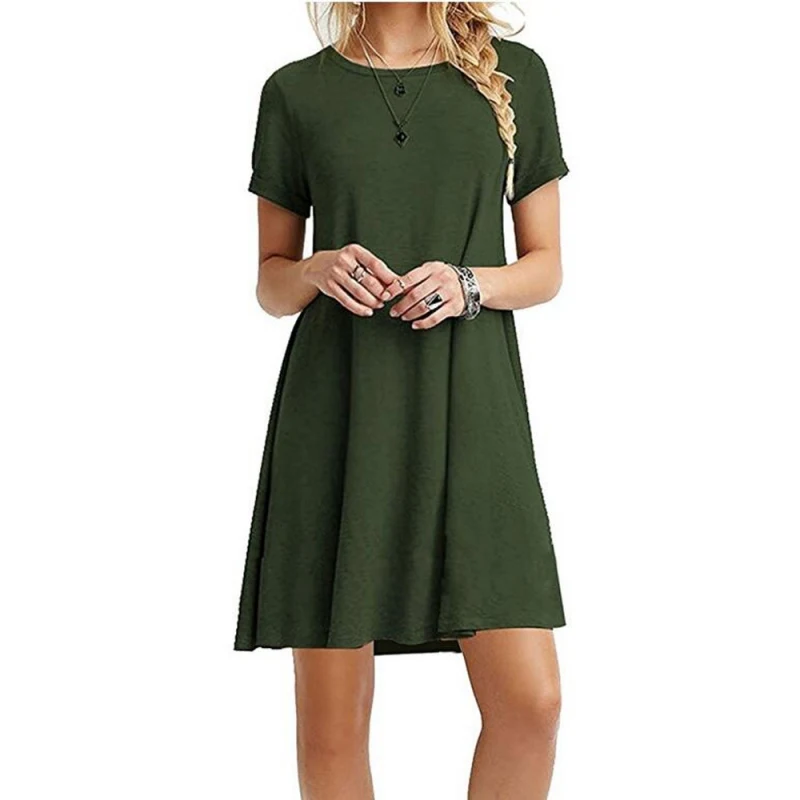 

Hot 2018 Summer Style Dress Solid Loose Women O-Neck Short Sleeve Casual Party Club Wear Elegant Dresses Vestidos