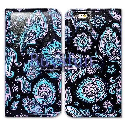 Bcov Light Blue Paisley Black Leather Wallet Case Cover For iPhone 5C 100023047 |