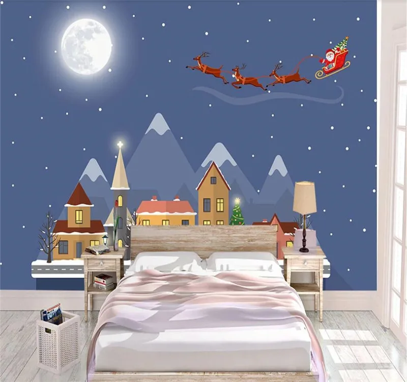 Custom 3d wallpaper fashion cartoon house night sky Santa Claus background wall decoration silk waterproof material Custom 3d wallpaper fashion cartoon house night sky Santa Claus background wall decoration silk waterproof material