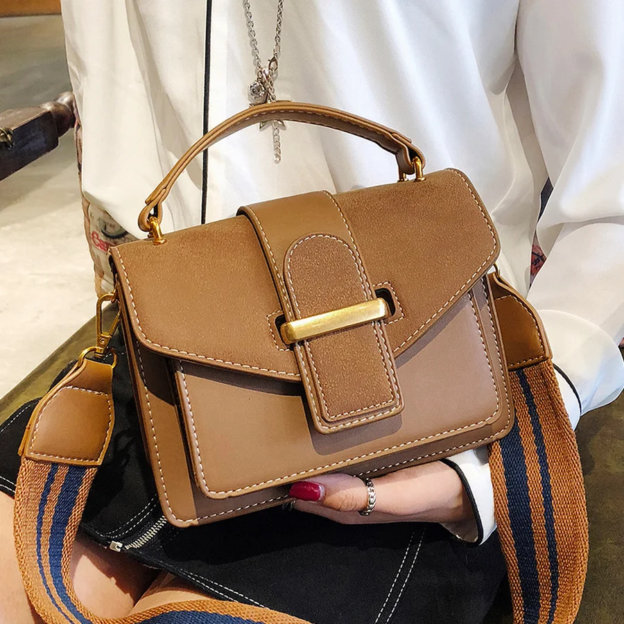 

MANFUNI Korea Wide Shoulder Strap Shoulder Bag for Woman Frosted PU Leather Messenger Bag Luxury Handbags Women Bags Designer