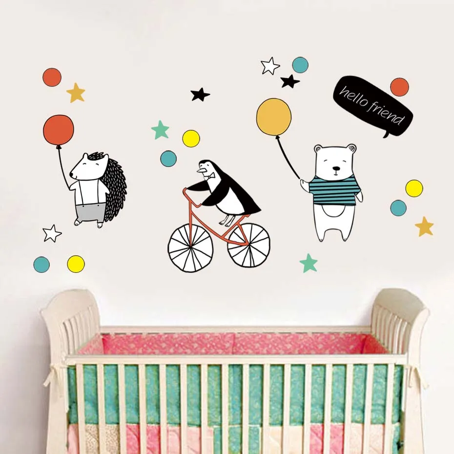 Bear Hedgehog & Penguin Greeting Wall Stickers Hello Friends Quote Decals Cartoon Animals With Balloon Kids Room Home Decora Art (5)