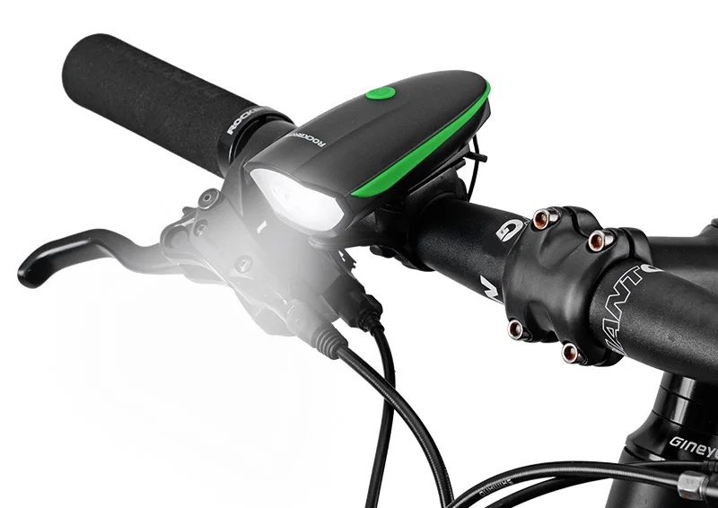 ROCKBROS Rechargeable2 в 1 велосипедный светильник, велосипедный звонок, 350 люмен, USB, MTB велосипедный передний светильник, электрический звонок, мигающий светильник, водонепроницаемый