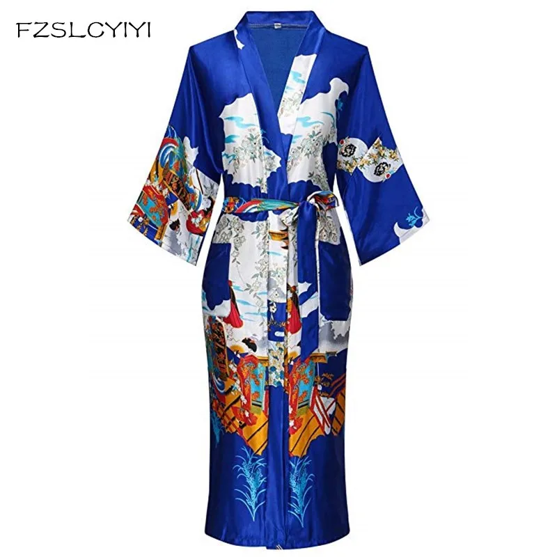 

FZSLCYIYI Female Robe Nightgown Print Floral Kimono Robe Sexy Bridal Bridesmaid Robes Party Wedding Long Sleepwear Bathrobe