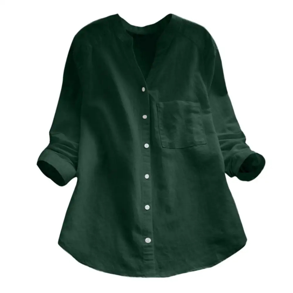 Летняя женская Свободная блузка, рубашка, однотонная, для девушек, лен, хлопок, длинный рукав, на пуговицах, Повседневная рубашка для женщин, blusas mujer de moda 36 - Цвет: Зеленый