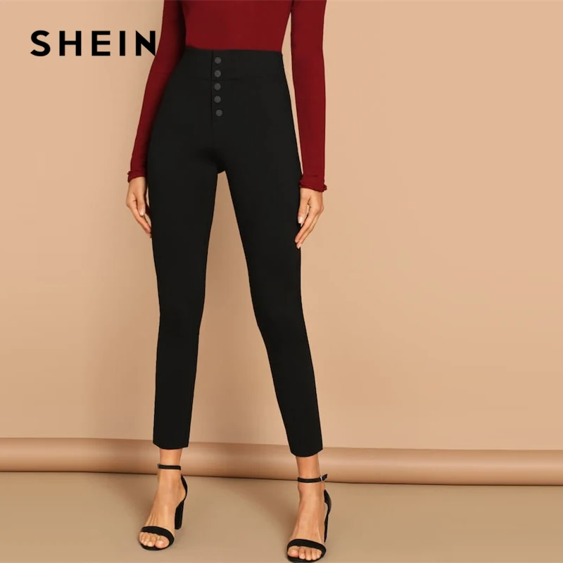 SHEIN черные узкие обычные брюки на пуговицах Highstreet, одноцветные облегающие кроп, женские повседневные уличные зимние леггинсы