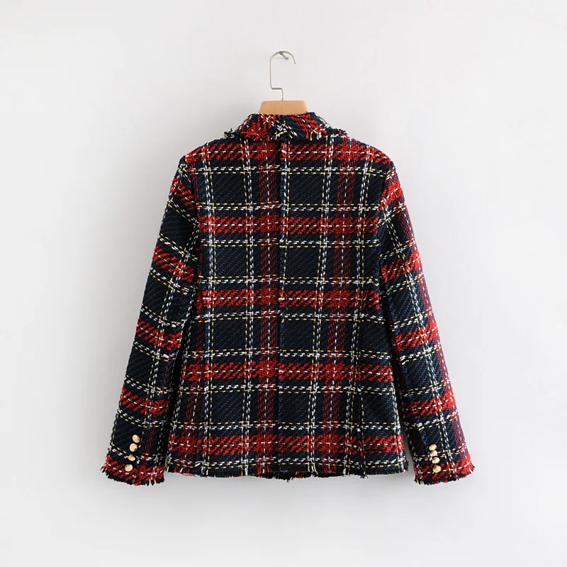 Kopen Rode Plaid Blazer 2019 Vrouwen Lente Herfst Vintage Tweed Suits Jassen Office Dames Chic Slim Blazers Meisjes Kwastje Tops set Jas