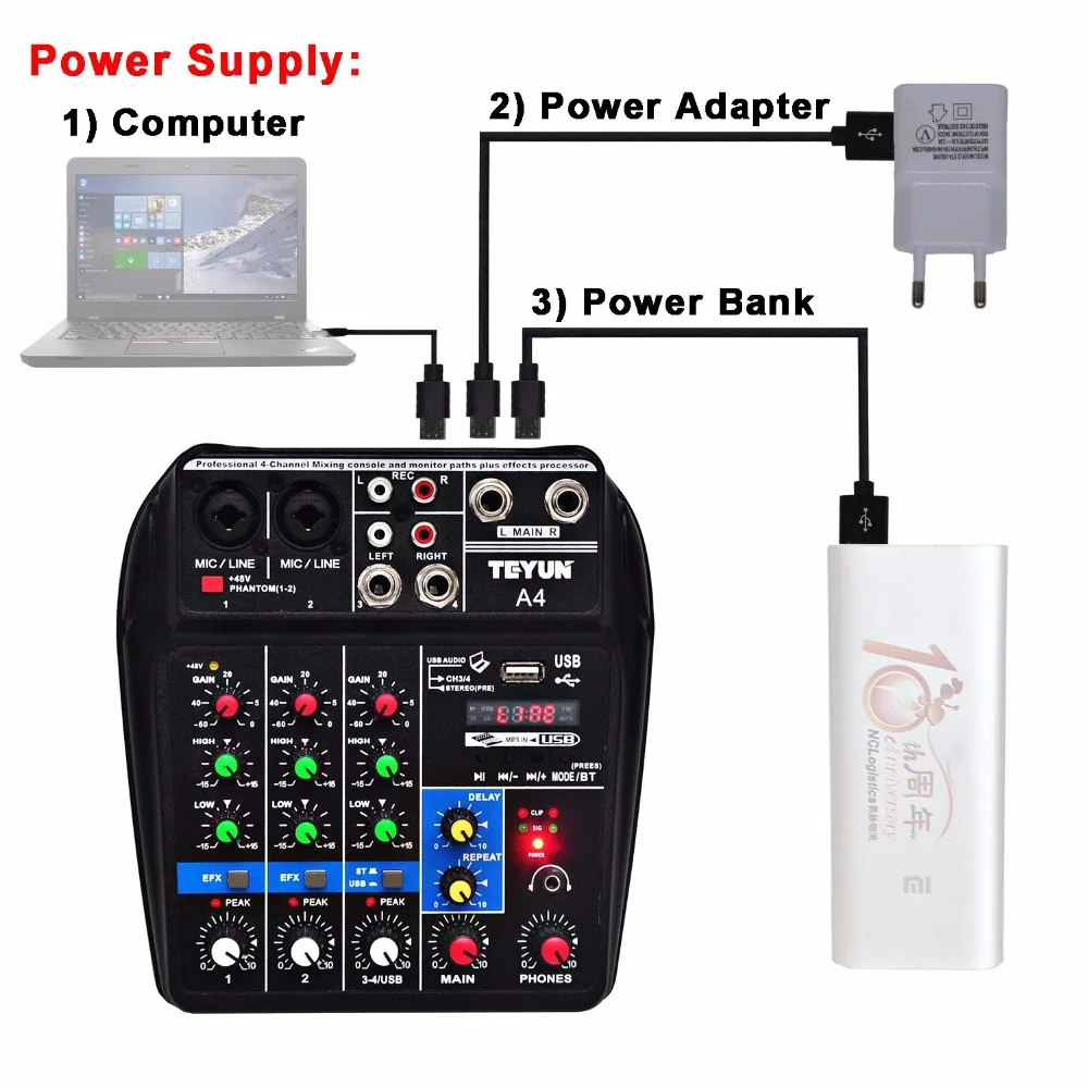 A4 Multi-purpose Audio Mixer with Bluetooth Record 4 Channels Input Mic Line Insert Stereo USB Playback Sound Card