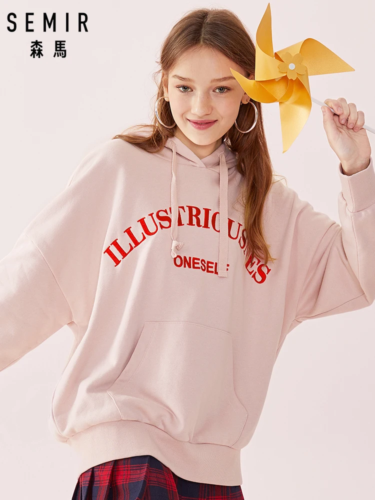 

SEMIR Women Embroidered Hooded Sweatshirt with Dropped Shoulder Pullover Hoodie with Ribbed Cuff and Hem Lined Drawstring Hood