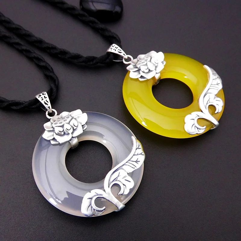 

FNJ 925 Silver Lotus Pendant Fashion Natural Yellow White Stone S925 Original Thai Silver Pendants for Women Jewelry Making
