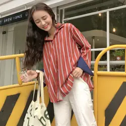 Для женщин с длинным рукавом Повседневное Топы Повседневное Work Striped Shirt отложной воротник офисная блузка летняя женская блузка OL Blusas