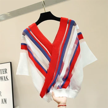 

Large V Neck Backless Striped Color Block Knitted Top Batwing Short Sleeve Knitting T-shirts Casual Female Pullovers Top Loose