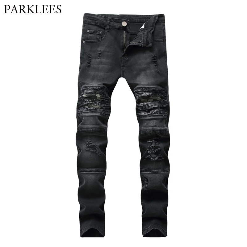 Fashion Hip Hop Men Black Jeans Hombre Casual Distressed Denim Jeans Men's Slim Skinny Jeans Pants Brand Biker Rock Ripped Jeans